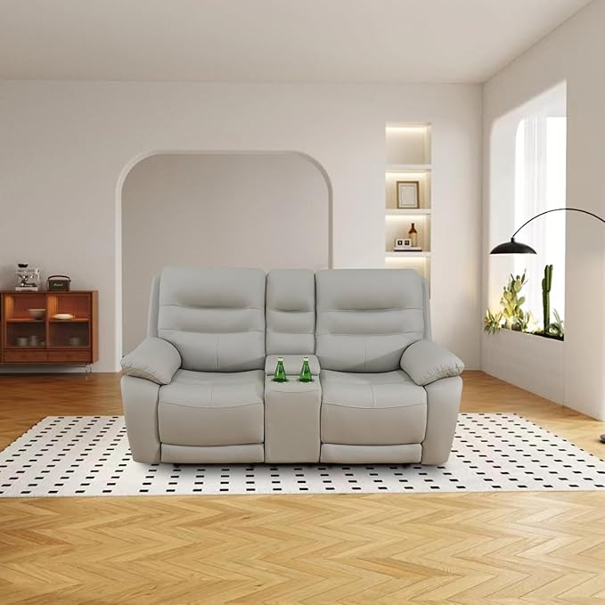 Power Reclining Loveseat, 2-Seater Genuine Leather Recliner Couch, Light Grey Top Grain Leather Sofa with Cup Holders/Storage/USB Port for Living Room, Apartment, Office