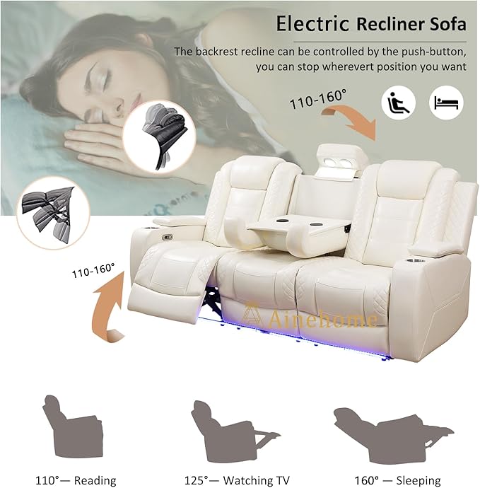 A Ainehome Power Leather Recliner Sofa Set with LED Lights, Recliner Sofa Sectional Couches for Living Room, Reclining Sofa and loveseat with USB Port/Storage Console(Creamy White,Sofa)