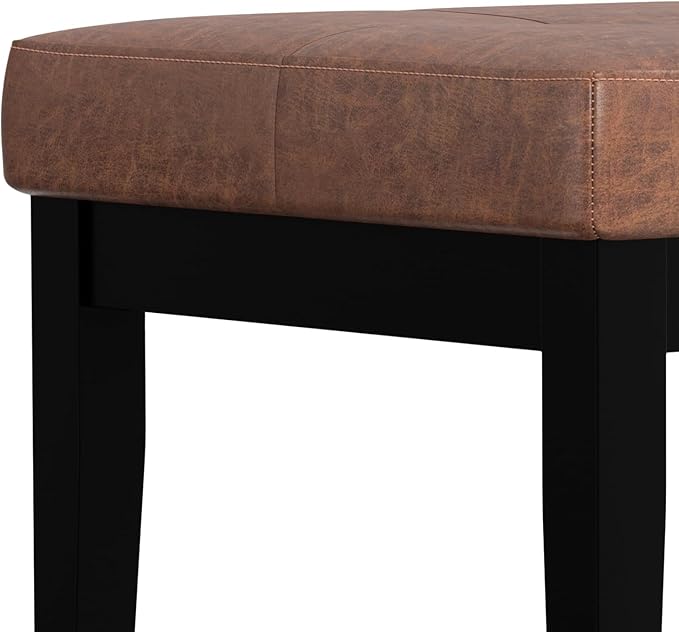 SIMPLIHOME Lacey Small Tufted Ottoman Bench - 26 inch Wide Upholstered Vegan Leather Rectangle Ottoman in Distressed Saddle Brown, Contemporary Bench for Bedroom with Stitching Detail, Assembled