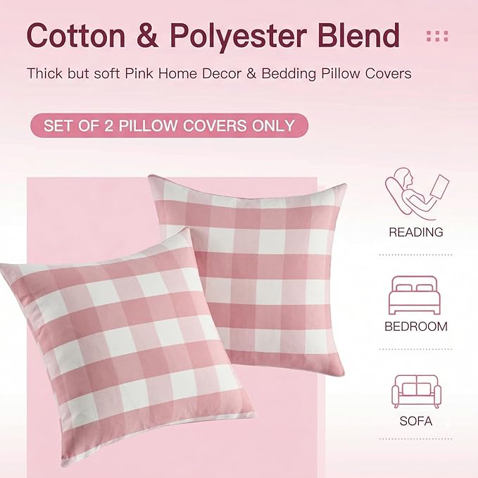 Light Pink and White Buffalo Plaid Pillow Covers 18x18 Set of 2, Spring Home Decor Checkered Couch Throw Pillows 18 x 18, Modern Pink Aesthetic Pillows Decorative for Couch Sofa Living Room