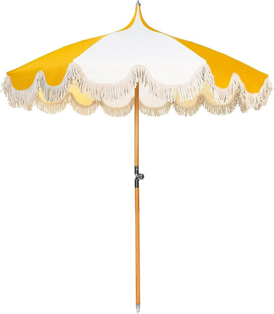 6.5ft Pagoda Beach Umbrella with Fringe, UPF 50+ Boho Umbrellas with Carry Bag, Premium Wood Pole Foldable Tassel Umbrella for Outdoor Garden Lawn Pool Yard Table