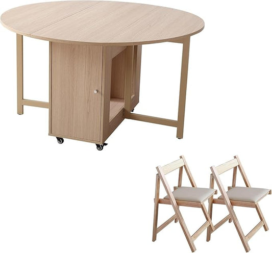 Wood Round Folding Dining Table with 2 Chairs, 47.3" Folding Table and Chairs with Storage Shelf Metal Legs for Home Dining Room Living Room, Space Saving Foldable Dining Table with 2 Chairs