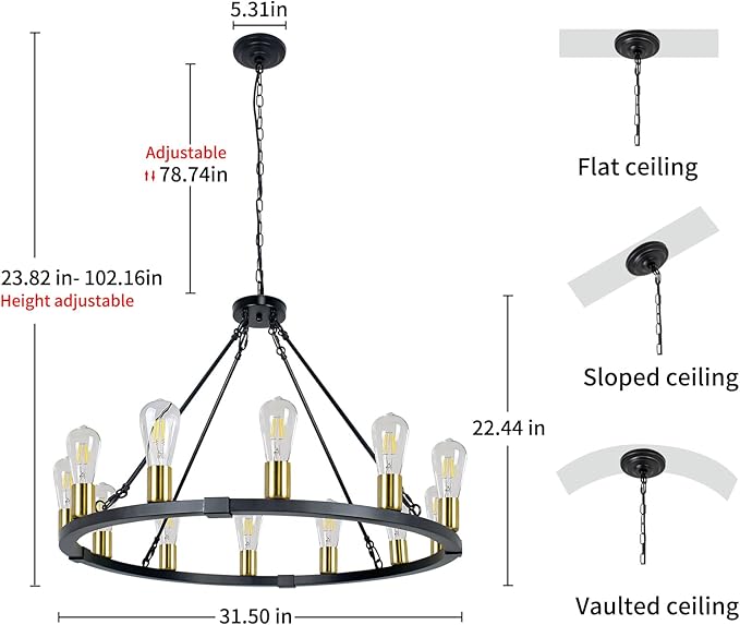 31.5“ 12 Light Wagon Wheel Chandelier Black Gold, Farmhouse Chandelier, Rustic Dining Room Light Fixture, Vintage Round Pendant Lighting for Kitchen Living Room Dining Room Foyer