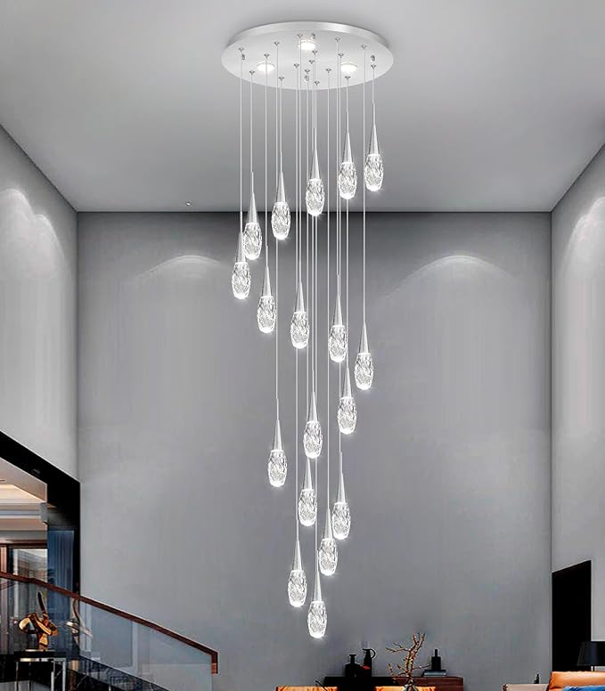 18-Lights 138 Inches Modern Chandelier LED Light Fixtures High Ceiling Long Light Chandelier for Entrance Foyer Dimmable Drop Lights with Remote Living Room Ceiling Pendant Lighting Shine Silver