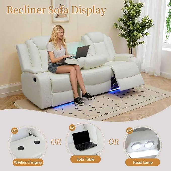 Power Leather Reclining Sofa with LED Light,Double Recliner Sofa with Drop Down Coffee Table/USB Port/Storage,3 Seater Leather Couch for Living Room Furniture Sets(3 Seats,Creamy)
