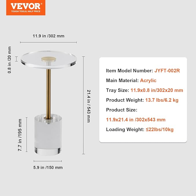 VEVOR Clear Acrylic Coffee Table, Acrylic Side Table with a Solid Base, 11.9 x 11.9 inch Round Tabletop, 21.4 inch High, for Coffee, Drink, Food, Snack Used in Living Room, Bedroom, and Study