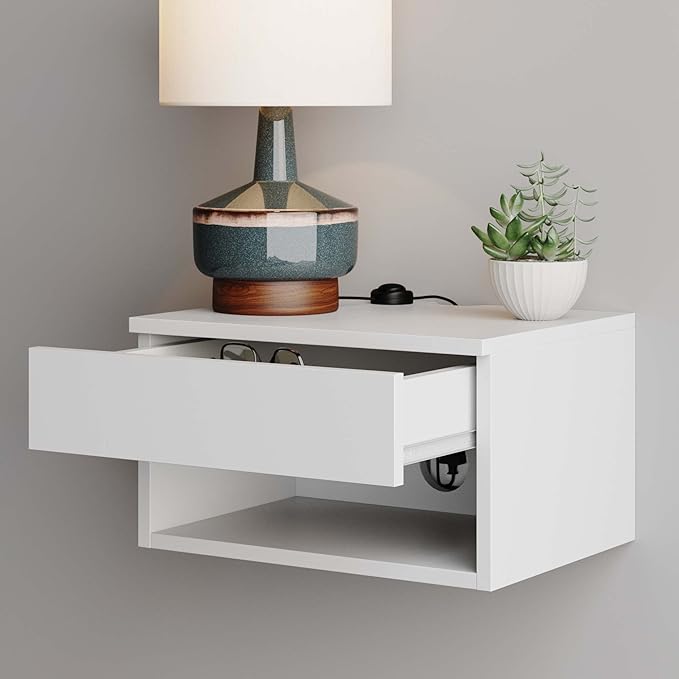 Nathan James Jackson Wall Mounted Floating Bedroom Nightstand with Storage Drawer and Modern Open Shelf Cubby, White