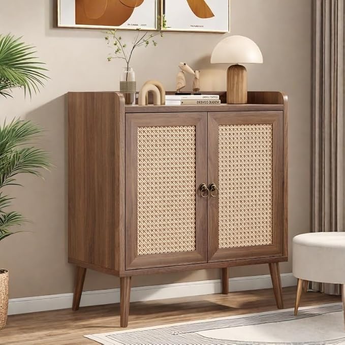 FONTOI Buffet Cabinet, Rattan Storage Cabinet with Round Pull Rings, Sideboard with Ample Storage, Bar Liquor Shelf with 2 Doors for Living Room, Hallway, Light Brown