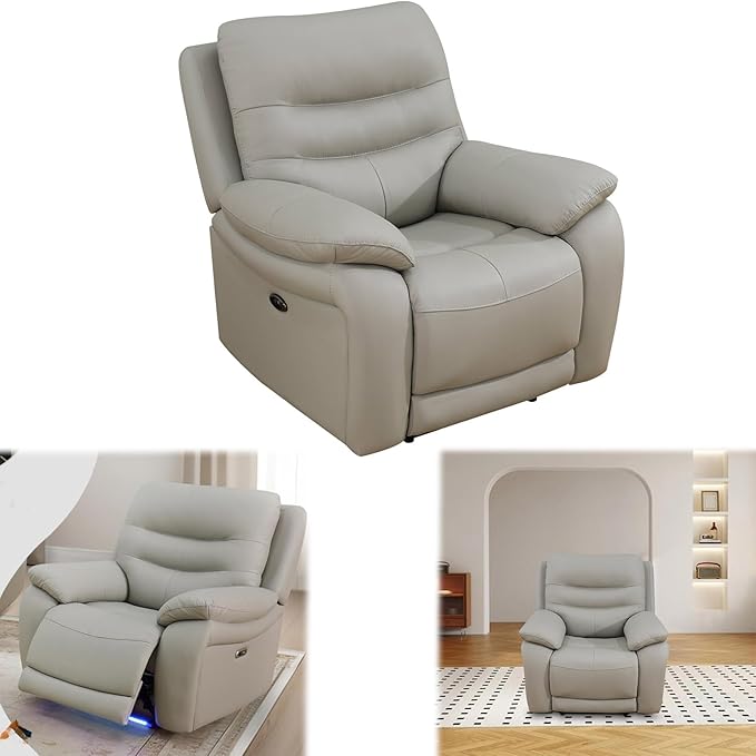 Power Reclining Sofa Set, Genuine Leather Recliner Sofa Set,Living Room Furniture Setwith USB Charging and LED Lights,for Living Room/Apartment/Office/Home Theather,Light Grey,C