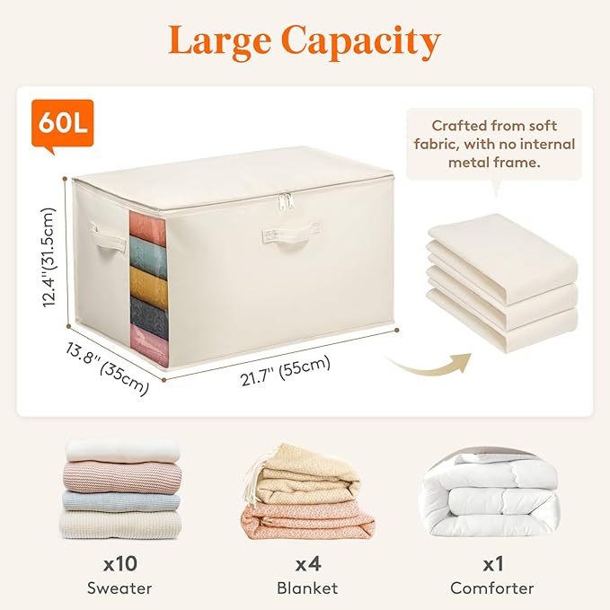 Lifewit Canvas Cotton Comforter Storage Bags with Zipper 6 Pack, 60L Breathable Foldable Clothing Containers, Linen Sweater Organizers Boxes for Clothes, Blankets, Pillows, Duvets, Bedding