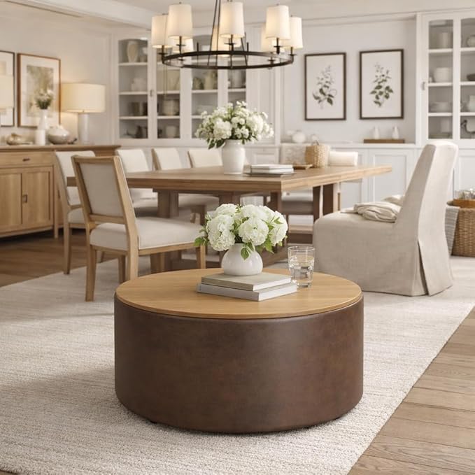 HomePop Modern Fabric Storage Ottoman with Wood Top - Faux Brown Leather