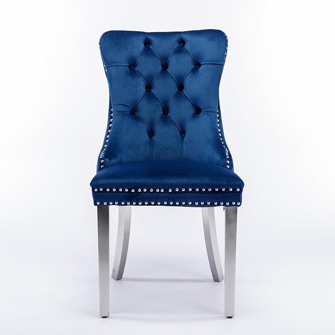 Solid Wood Dining Chair with Nailhead Trim,Velvet Upholstered W/Chrome Stainless Steel Plating Legs,Set of 2,for Living Room,Apartemnt,Blue and Chrome