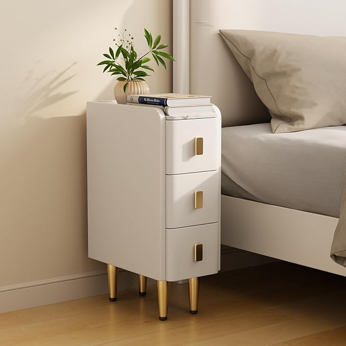 AQIMUELE Narrow Nightstand with Drawers, Narrow Side Table Leather, Small Bedside Tables for Bedroom. (White)