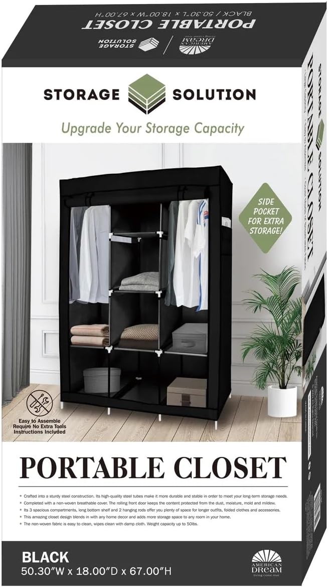 J&V TEXTILES Portable Closet Wardrobe Closet for Hanging Clothes with 8 Storage Shelves, 2 Hanging Rod and 4 Pockets, Free Standing Closet Clothes Organizer for Bedroom (Black)