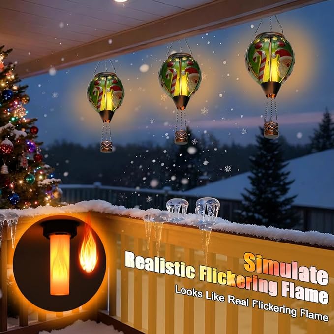 Solar Powered Hot Air Balloon Lantern - Santa Glass Lantern, Simulated Flickering & Dancing Flame, Outdoor Hanging Yard Light Waterproof IP65 for Patio Lawn Porch Christmas Decor Gift