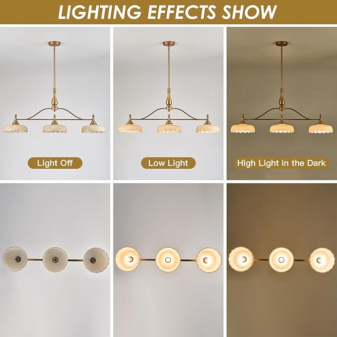 HDDFL Chandeliers Pendant Light Fixture Vintage Pendant Lighting Fixtures 3 Lights Chandelier Kitchen Glass Hanging Lamp for Island Dining Living Room Brass and Brown