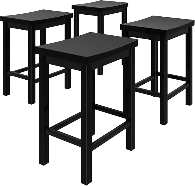 Grain & Grove Smith Collection Set of 4 Solid Wood Counter Height Bar Stools, 24-Inch Saddle Seat Backless Stools, Ideal for Kitchen Island, Dining, or Home Bar Seating, Black