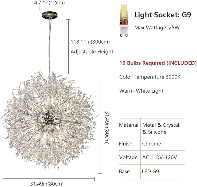 Modern Crystal Chandelier Firework, 31.4" Dandelion Crystal Chandelier Lighting Chrome, 16-Light Steel Large Pendant Sputnik Chandelier for Living Room Foyer