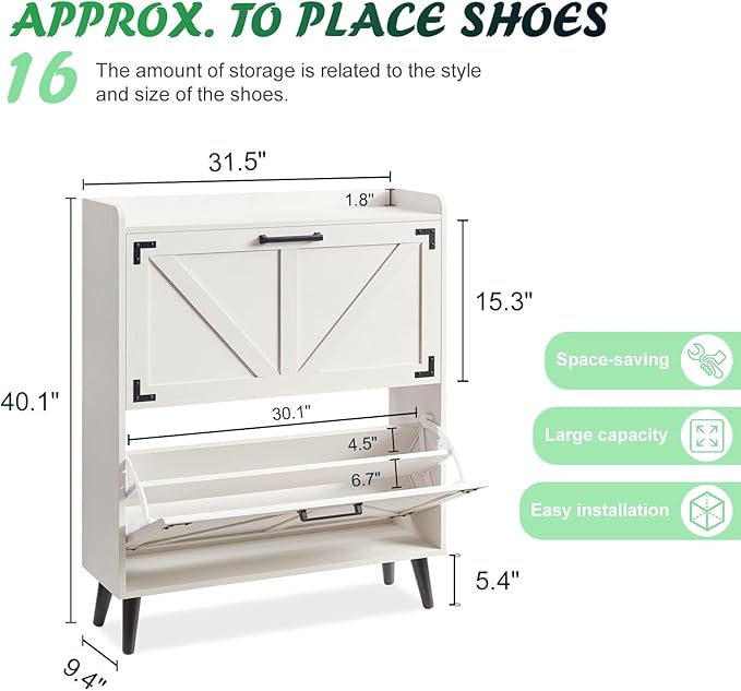 Shoe Storage Cabinet with 2 Flip Drawers, Farmhouse Hidden Shoe Organizer, Narrow Slim Shoe Rack Cabinet for Entryway Hallway,Antique White