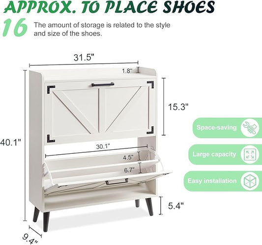 Shoe Storage Cabinet with 2 Flip Drawers, Farmhouse Hidden Shoe Organizer, Narrow Slim Shoe Rack Cabinet for Entryway Hallway,Antique White