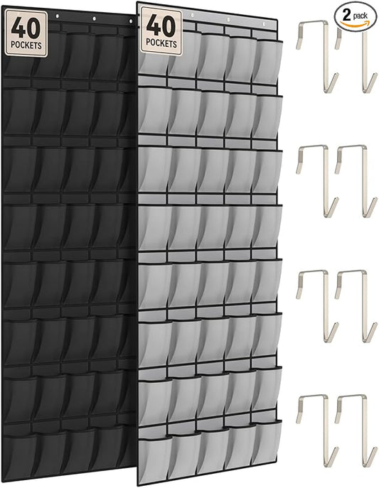 dodowin Over the Door Shoe Organizers, 2 Pack (1 Black & 1 Grey) -40 Deep Mesh Pockets Each, Over The Door Shoe Rack, Space Saving Hanging Storage Holder for Closets, Shoes & Accessories