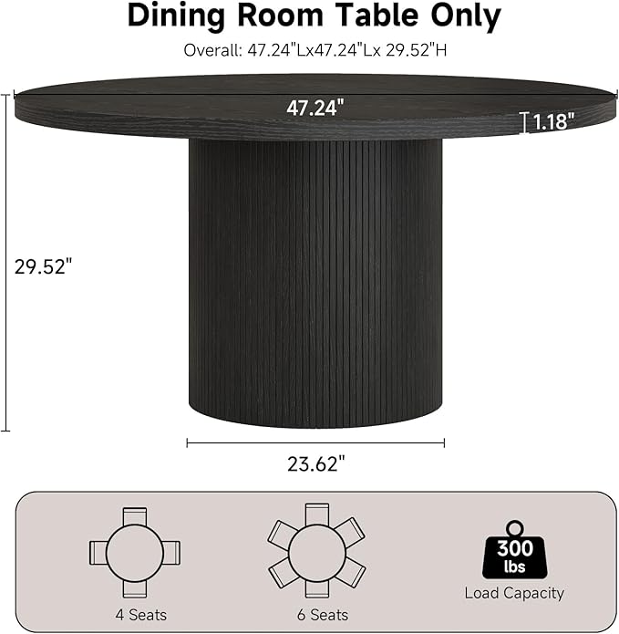 Round Kitchen Dining Table for 4-6 People, 47 inch Mid-Century Circle Dinner Tables, Rustic Wood Base in Fluted Design, Space Saving Dining Room Furniture, Large Table Only for Family Party, Black