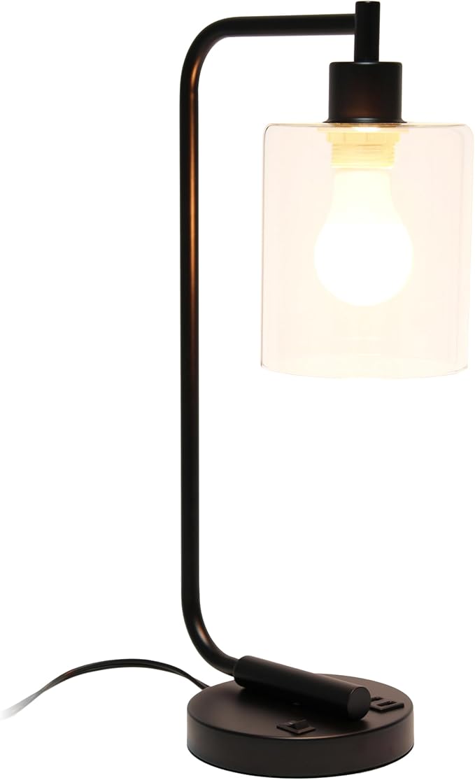Simple Designs LD1066-BLK-LB Industrial Vintage Bronson Iron Lantern Desk Table Lamp with USB Port and Glass Cylinder Shade for Office, Living Room, Bedroom, Black, with Feit LED Bulb Included