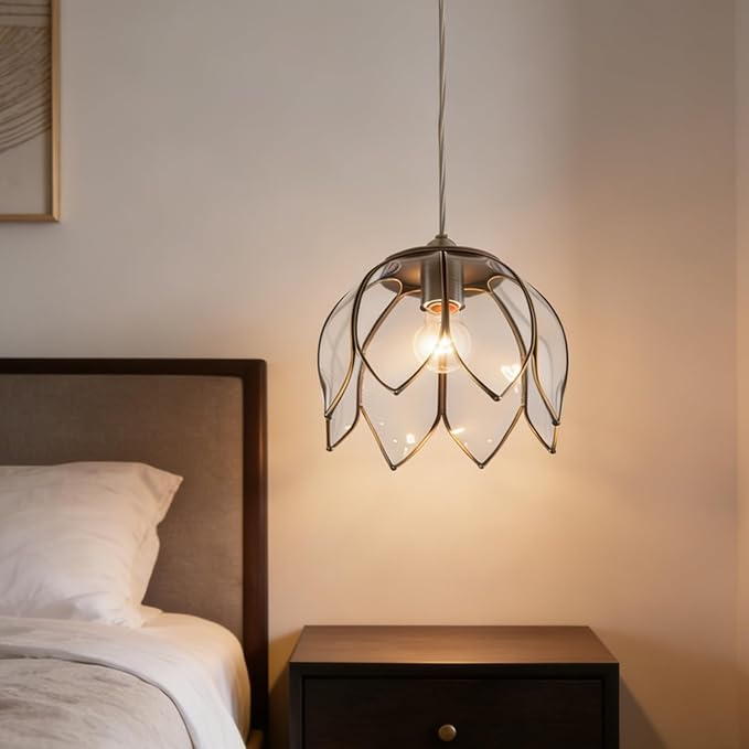 Brass Glass Ceiling Lotus Vintage Pendant Light, Hanging Chain lamp, with Vintage Lotus Flower Glass Shade for Kitchen Island Dining Room Bedroom Living Room-9.25" Clear Shade