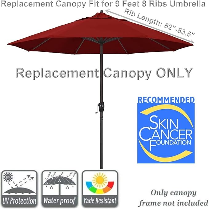 9ft Patio Umbrella Replacement Canopy Market Umbrella Top Outdoor Umbrella Canopy with 8 Ribs,Vented Canopy, Fade Resistant, UPF 50+ Excellent Sun Protection