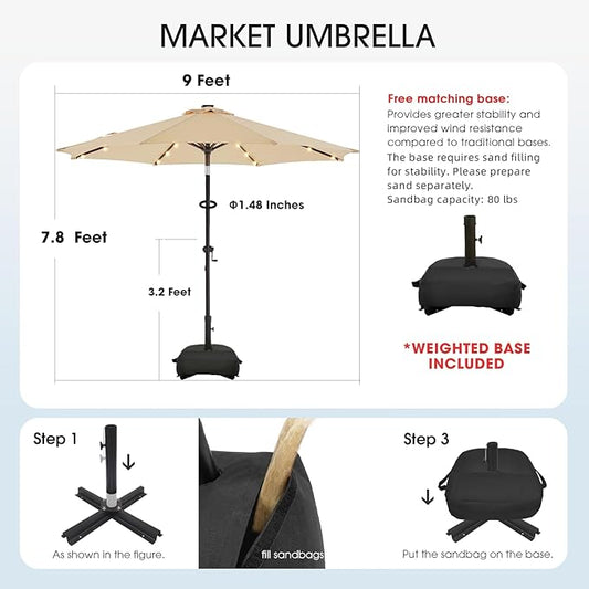 wikiwiki 9FT Solar Led Patio Umbrella with Base Included, 32 LED Lights, 8 Sturdy Ribs, Fade Resistant Waterproof POLYESTER DTY Canopy for Garden, Lawn, Deck, Backyard & Pool, Beige