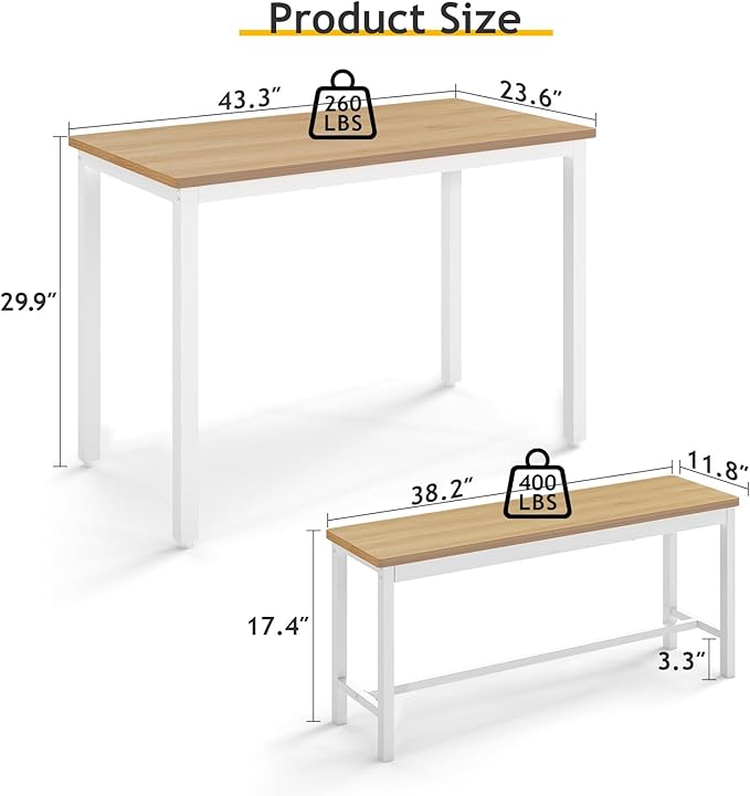Rovibek 43" Dining Table Benches Set for 4, Modern Space Saving Kitchen Table Chairs & Adjustable Feet Breakfast Table 2 Benches, Wooden Industrial Style Farmhouse, White