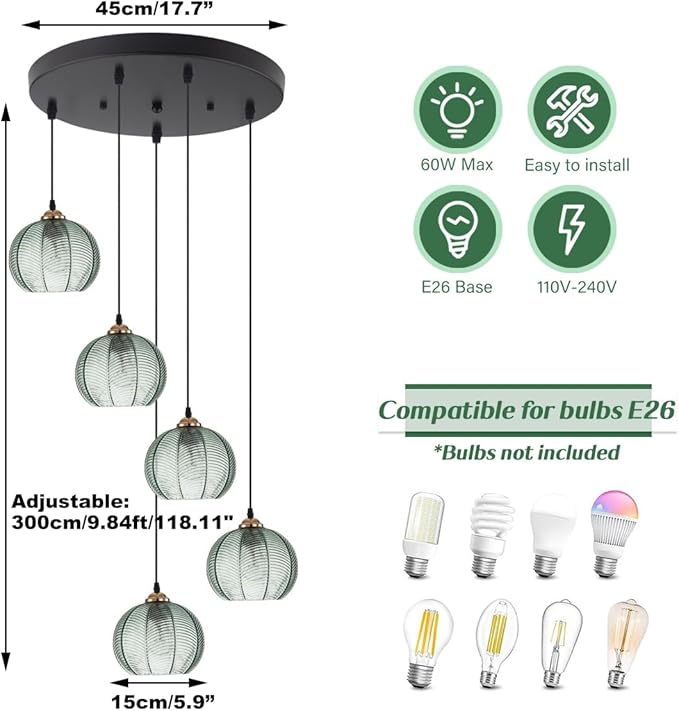 5-Light Long Staircase Chandelier Vintage Green Glass Chandeliers for High Ceilings Black Adjustable Pendant Light Fixture for Foyer Living Room Entryway, Mid Century Fixtures