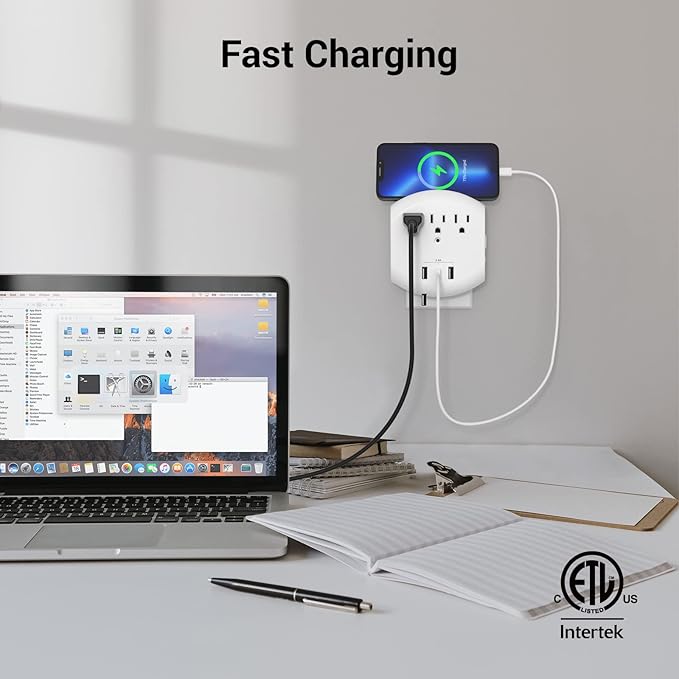 Clear Power 2-Pack USB Wall Charger, 3-Outlet Extender Wall-Tap with 3 USB Charging Ports(1 USB-C) & Nightlight, 3-Prong, White, ETL Listed, DC3S-10032P-DC