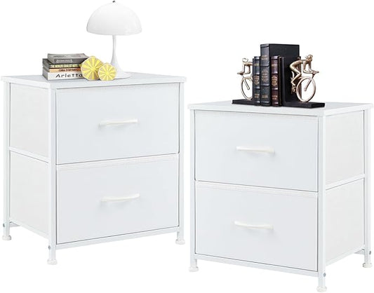 NEWBULIG Nightstand with 2 Fabric Drawers, 25 Inch Tall Small Dresser, Bedside Table with Storage for Bedroom, Closet, Entryway, Dorm, 2 Pack with Sturdy Frame and Compact Design, White02