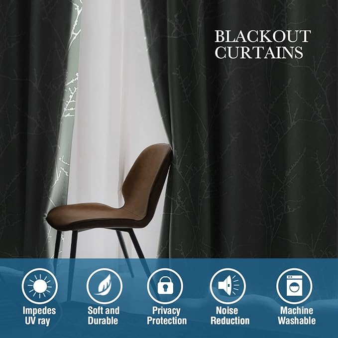 H.VERSAILTEX Blackout Curtains for Bedroom Foil Print Twig Tree Branch Thermal Insulated Grommet Curtain Drapes Light Blocking Thick Soft Window Curtains for Living 52 x 63 Inch, 2 Panels, Sage