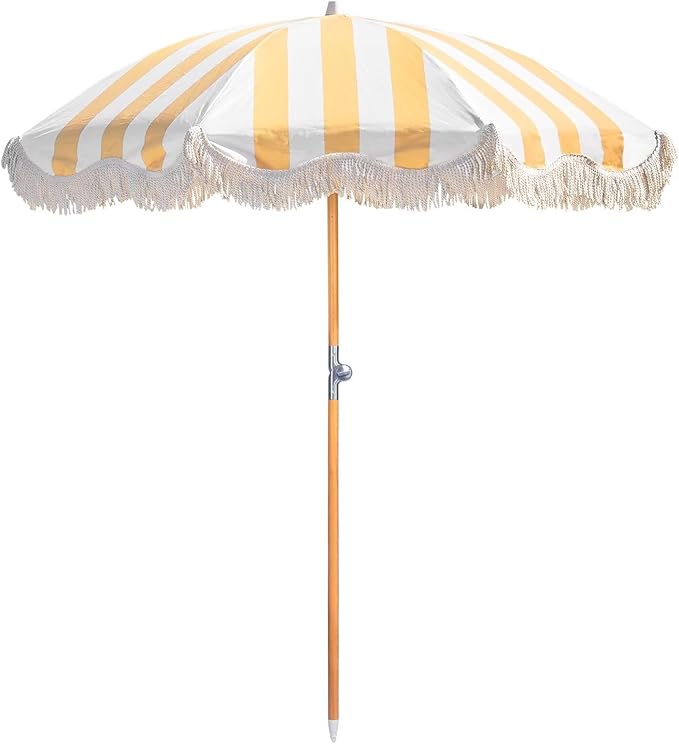 6.5ft Boho Beach Umbrella with Fringe, UPF 50+ Tassel Umbrellas with Carry Bag, Premium Wood Pole Foldable Patio Umbrella for Outdoor Holiday Garden Lawn Pool Yard Table