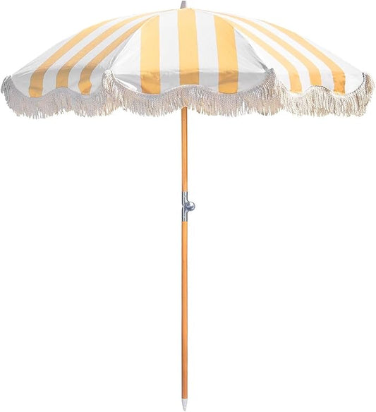6.5ft Boho Beach Umbrella with Fringe, UPF 50+ Tassel Umbrellas with Carry Bag, Premium Wood Pole Foldable Patio Umbrella for Outdoor Holiday Garden Lawn Pool Yard Table