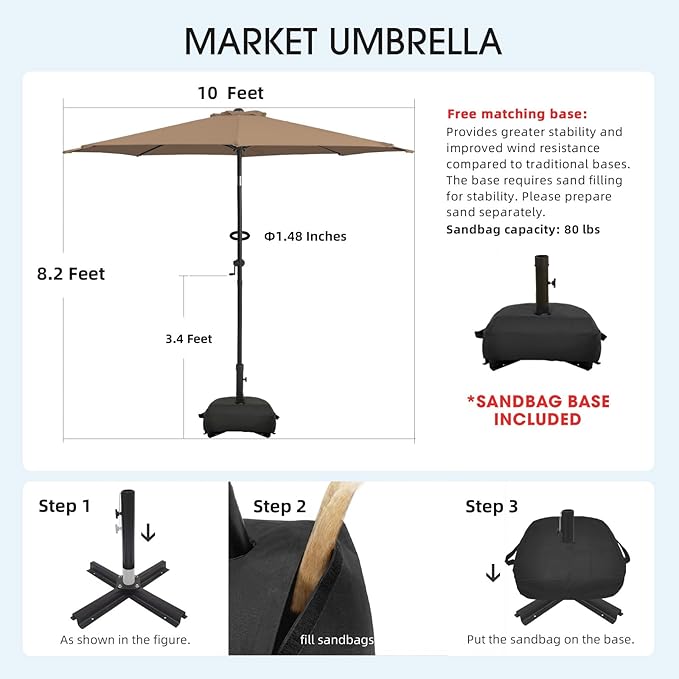 wikiwiki 10FT Patio Umbrella with Base, Outdoor Umbrellas with Base Included, 8 Sturdy Ribs, Waterproof Fade Resistant POLYESTER DTY Canopy for Deck, Lawn, Garden, Backyard & Pool, Tan