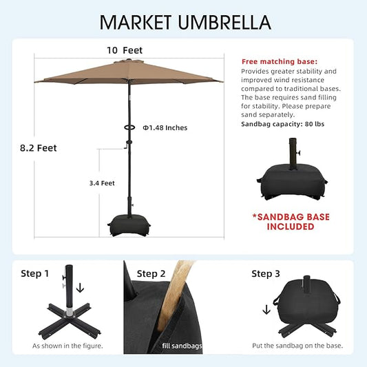 wikiwiki 10FT Patio Umbrella with Base, Outdoor Umbrellas with Base Included, 8 Sturdy Ribs, Waterproof Fade Resistant POLYESTER DTY Canopy for Deck, Lawn, Garden, Backyard & Pool, Tan
