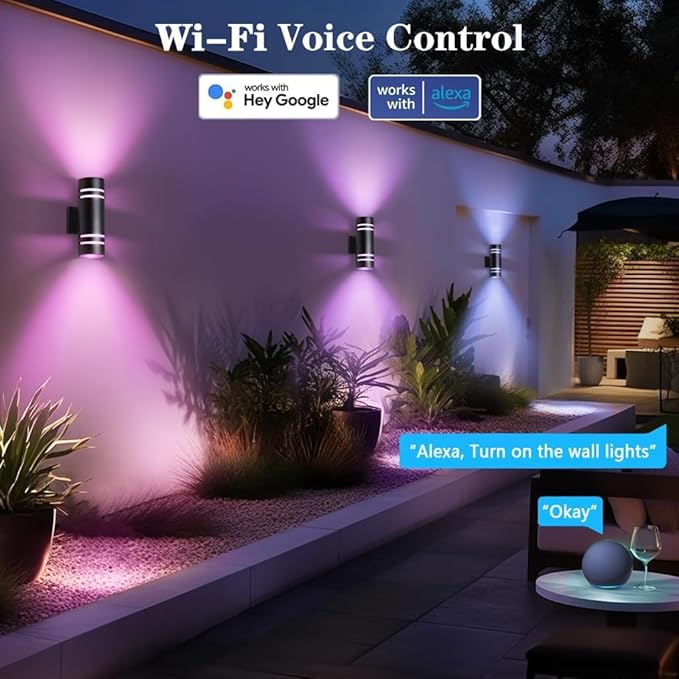 KIZON Smart Porch Lights 2 Pack, Modern Dusk to Dawn Outdoor Wall Lights Color Changing, Dimmable RGB Exterior Sconce Up and Down Light, Outside Lights for House Garage, Works with Alexa