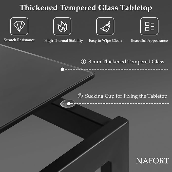 NAFORT Dining Table Set for 4, 48.5" Rectangle Tempered Glass Kitchen Room Table with 4 Black Faux Leather Dining Chairs, Space-Saving Dinner Tables with Metal Frame for Dining Room, Office, Dinette