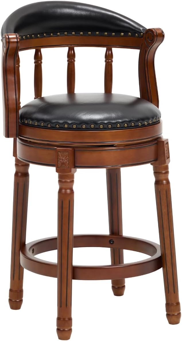 Cow top Leather Wooden Bar Stools, 26" Seat Counter Height Bar Chair with Back, 180 Degrees Swivel Bar Stools Chair for Home Kitchen Counter,Restaurant,1pc (Black-1pc, Counter Seat height 26in)