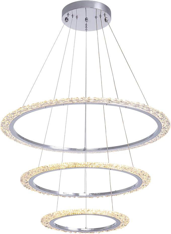 Modern LED Chandelier 𝐃𝟑𝟏.𝟓" 3 Ring Crystal Chandeliers for Dining Room Ceiling Lighting Fixture Adjustable Height Round Pendant Lights Silver Ring Chandelier for Living Room Bedroom