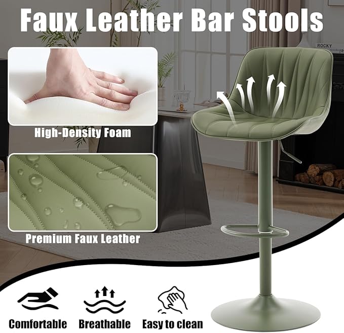 Kidol & Shellder Bar Stools Set of 2 Green Adjustable Swivel Counter Height Barstools Upholstered Modern PU Leather Bar Chairs Stools for Kitchen Island