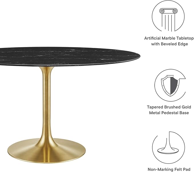 Modway Lippa Oval 54" Artificial Marble Mid-Century Modern Dining Table, Gold Black