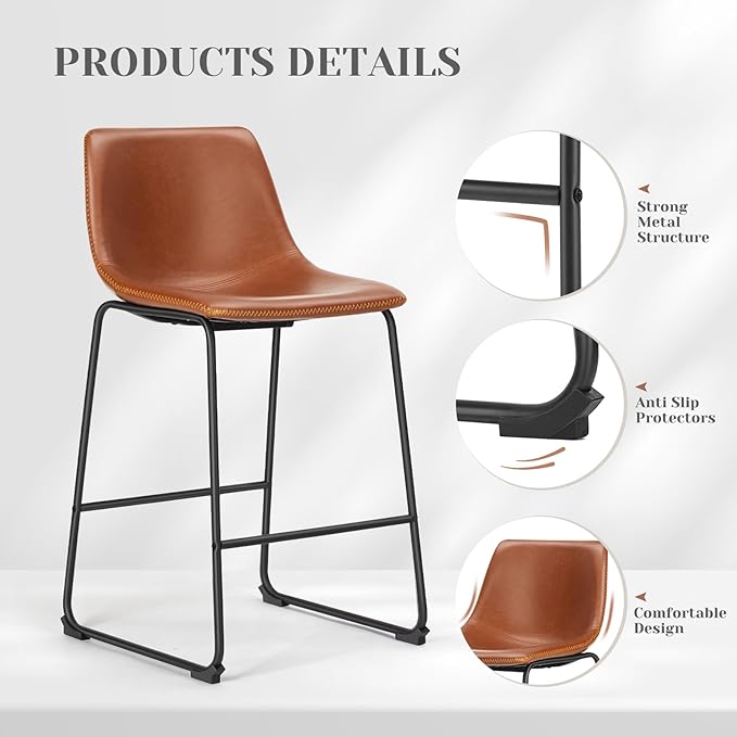 NEWBULIG 26 Inch Counter Height Bar Stools Set of 2, Armless Bar Height Stools, Faux Leather Barstools with Back, Kitchen Island Chairs, Comfortable Modern Chairs with Metal Legs, Classic Brown