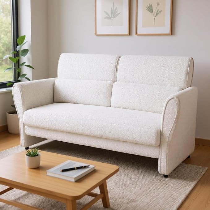 IDEALHOUSE Couches for Living Room, 57" Loveseat Sofa, Modern Boucle Small Couch with High Backrest and Removable Lumbar Pillows, Easy Assembly, Upholstered Comfy Sofa for Bedroom Office, Ivory