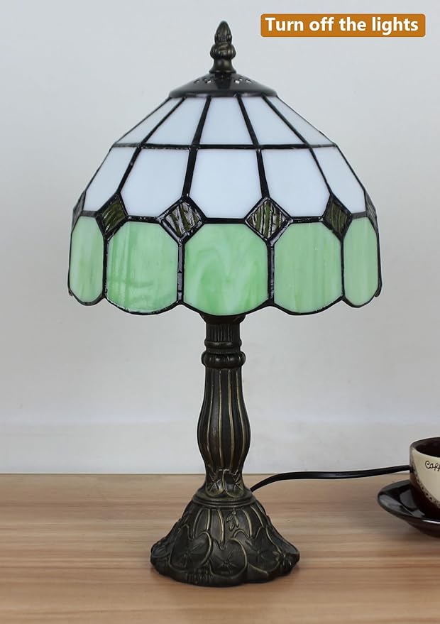 Table Lamp Tiffany-Style 8 Inch Mediterranean Series Stained Glass Lampshades Small Bedside Lamp Reading Antique Desk Light Livingroom Bedroom Office Vintage Art De(Color:Green)