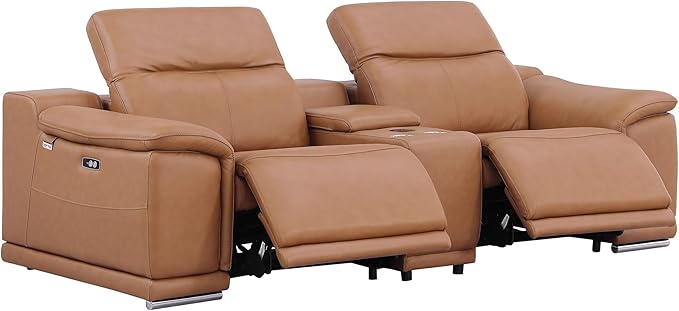 Blackjack Furniture Venice Top Grain Italian Leather Power Recline 8 Piece 5 Seater Sofa - 134" Theater Seating Modern Couch for Living Room Apartment with Adjustable Headrests & USB Port, Cognac