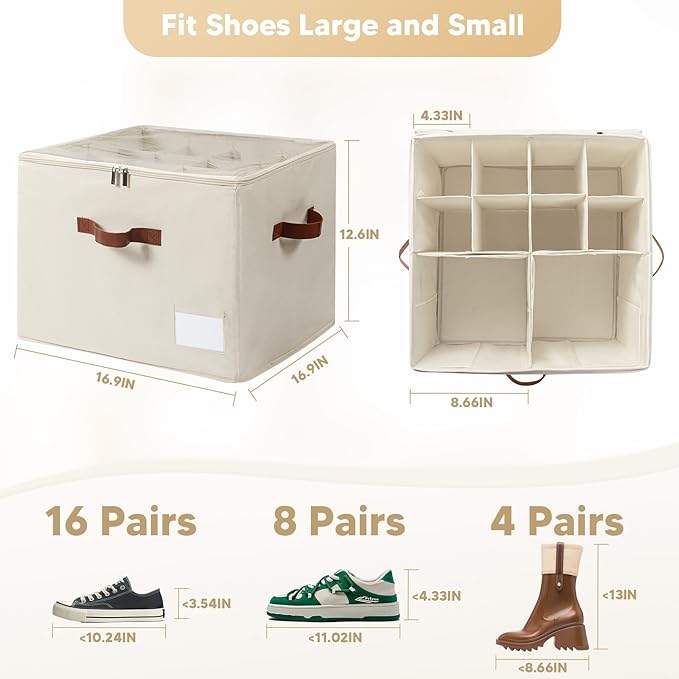 Shoe Organizer for Closet, Fits Up to 16 Pairs, Large Shoe Box Storage Container with Clear Cover, with Adjustable Dividers for Shoe Storage Bins,Space-Saving Shoe Bins (Beige)